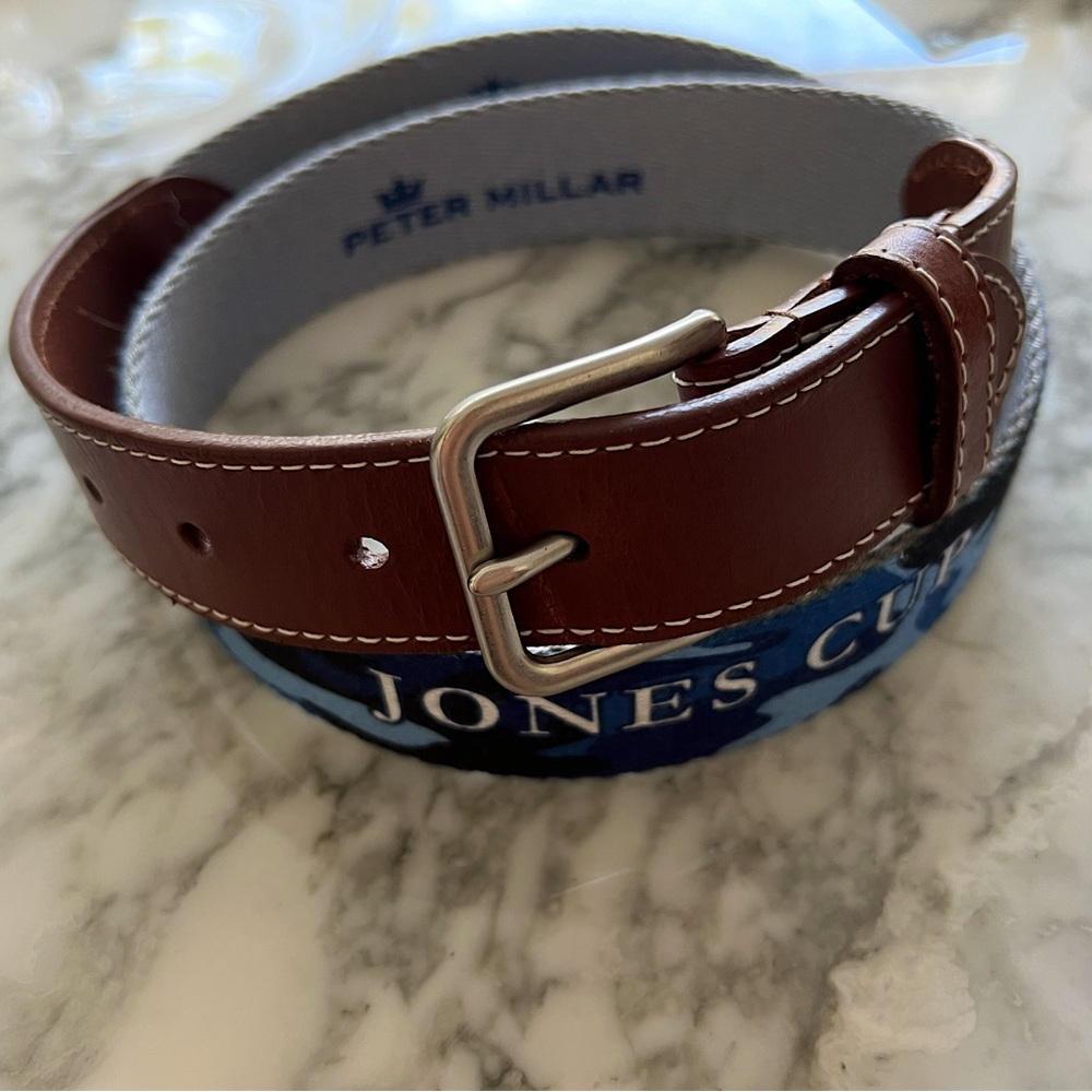 Peter Millar Men’s Woven Belt Blue Camouflage & Trophy Cup-  Cotton  & Leather